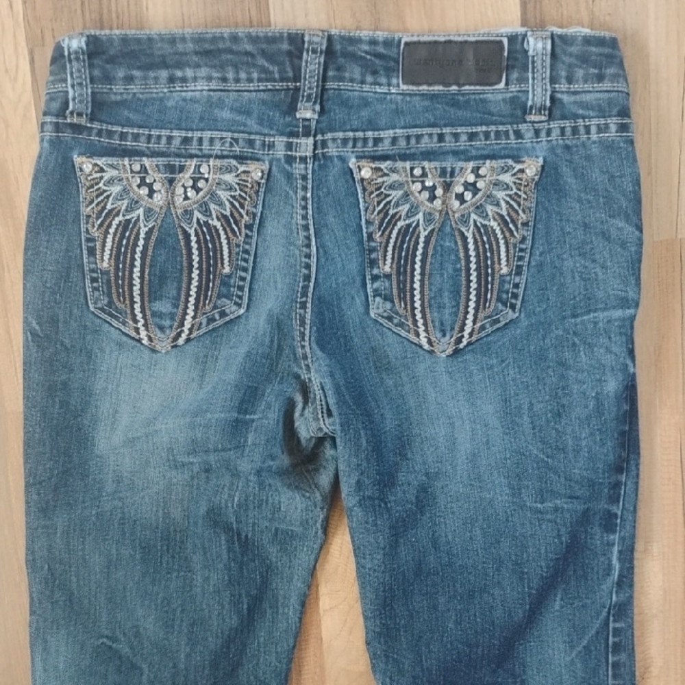 Dark Blue Flare Jeans - Women's Wide Leg Denim - Picture 2 of 7